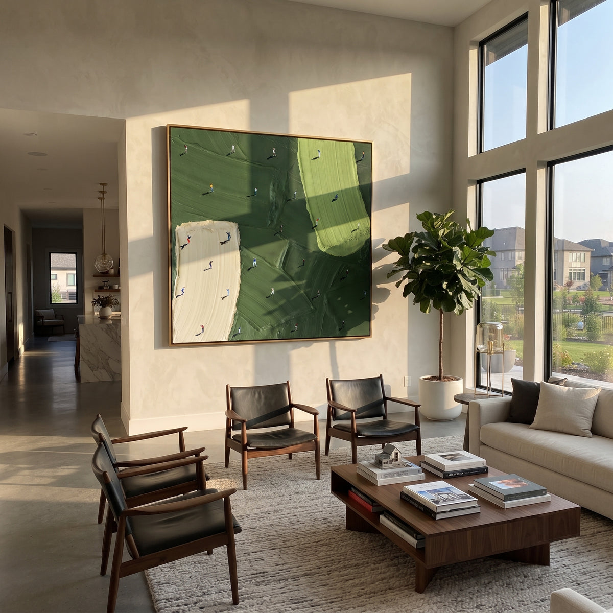 Small Figures Broad Green - aerial golf course painting shown in modern room setting 5