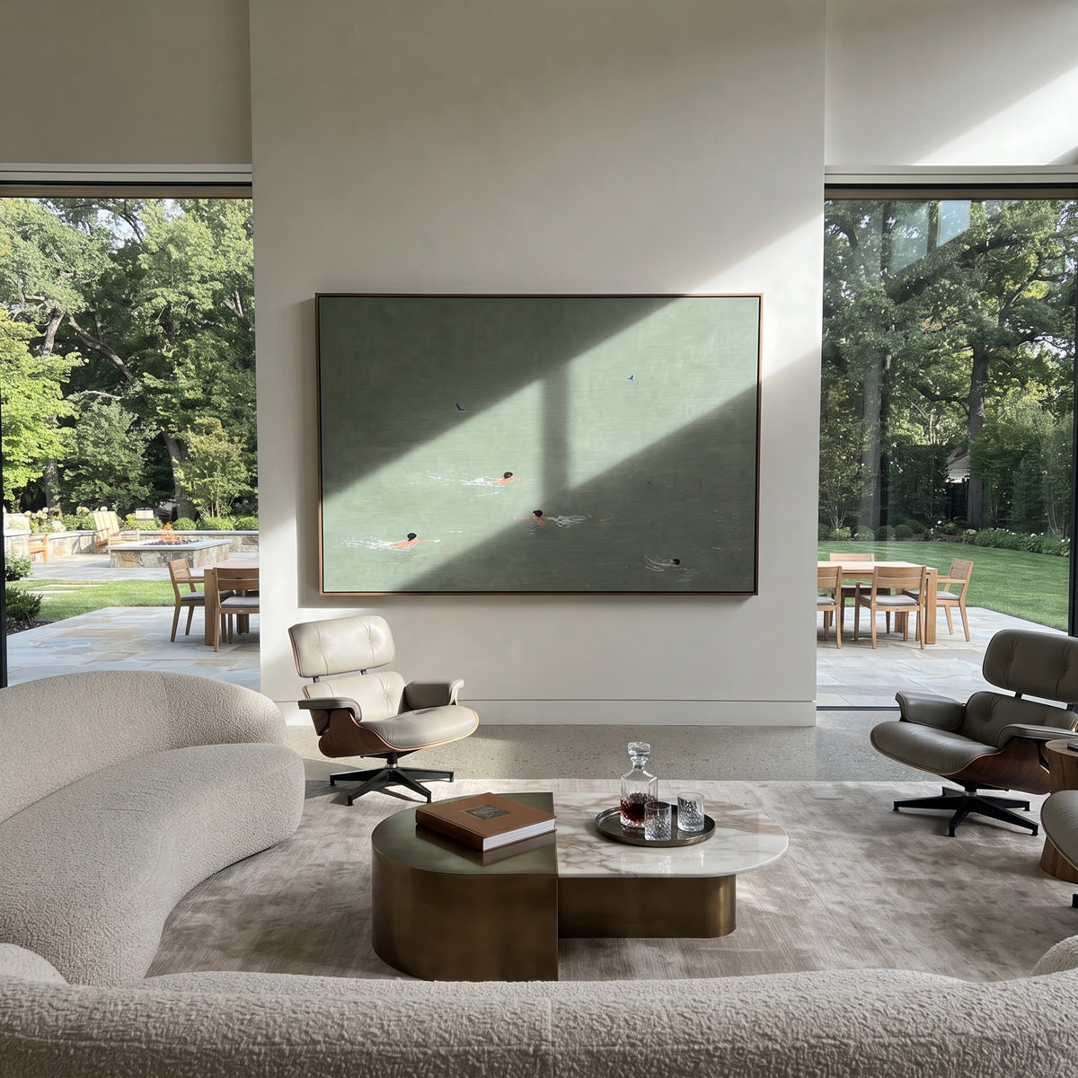Still Water Crossing - swimmers painting displayed in a styled interior