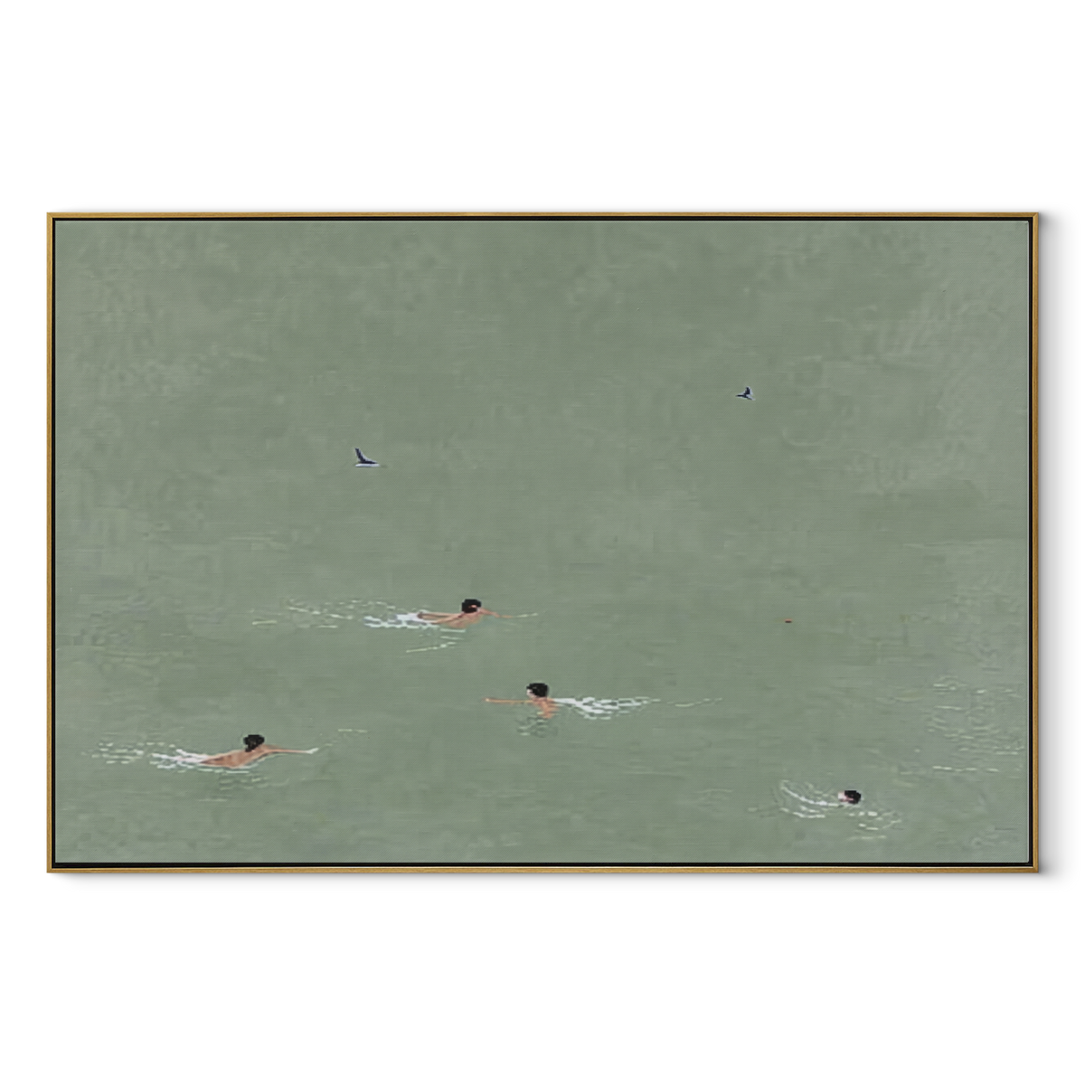 Still Water Crossing - swimmers painting in a wood frame on white
