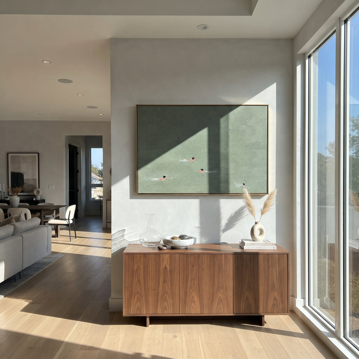 Still Water Crossing - swimmers painting shown in modern room setting 3