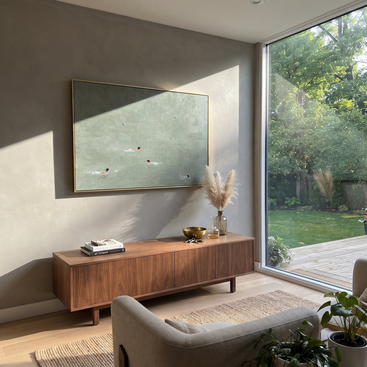 Still Water Crossing - swimmers painting shown in modern room setting 5