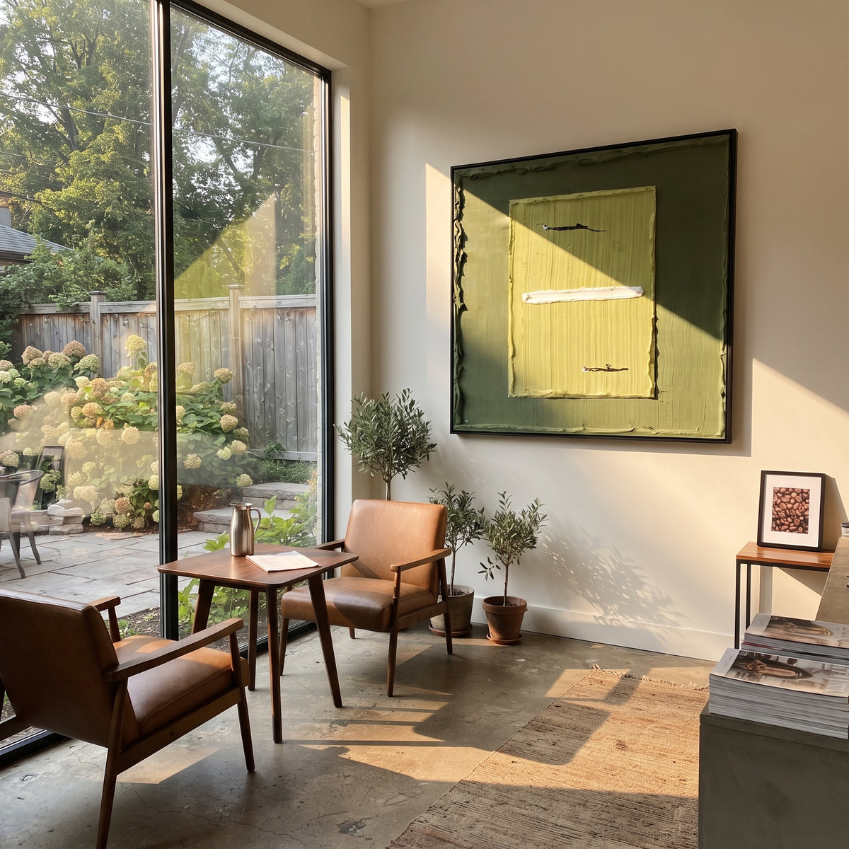 Lime Court Geometry - tennis court painting displayed in a styled interior