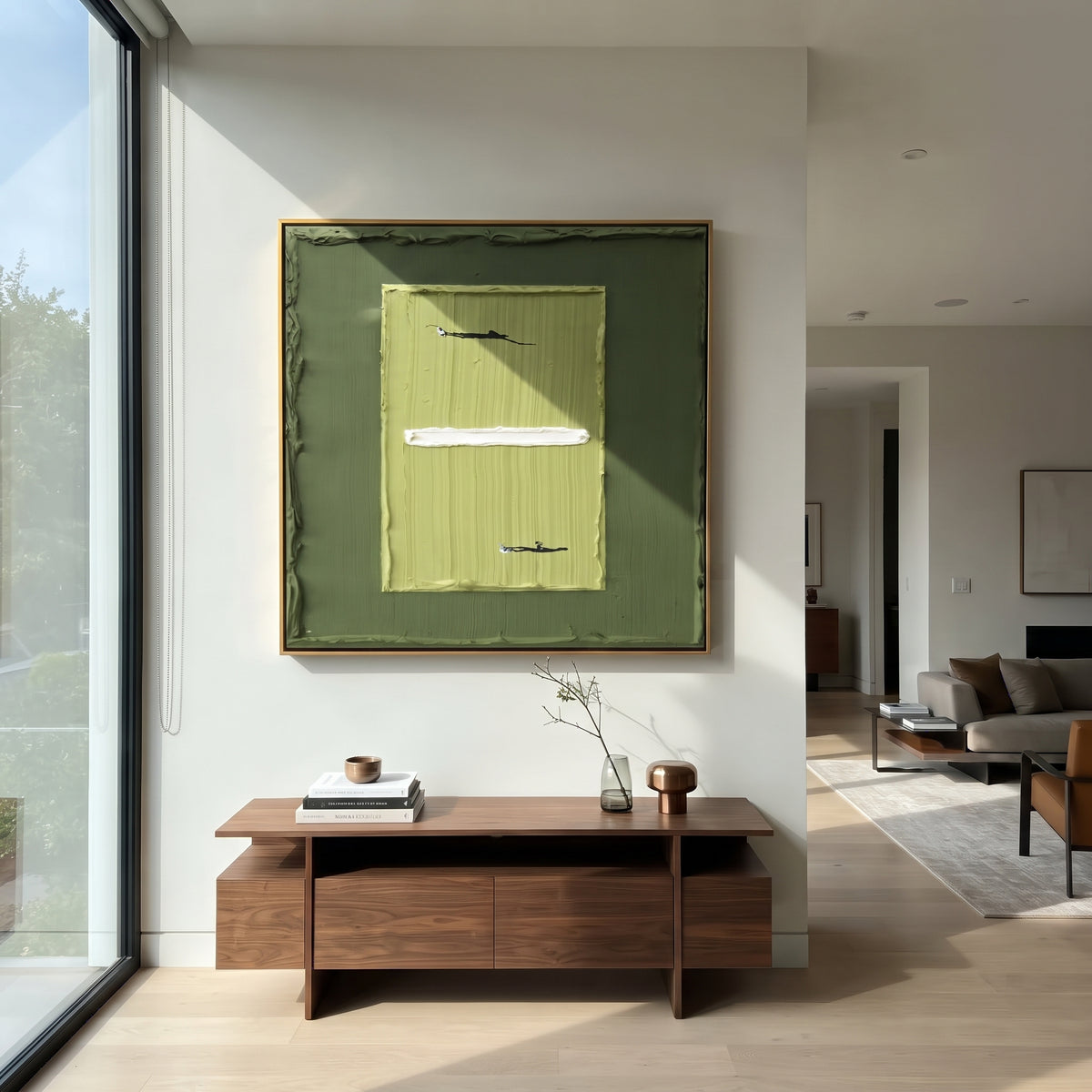 Lime Court Geometry - tennis court painting shown in modern room setting 2