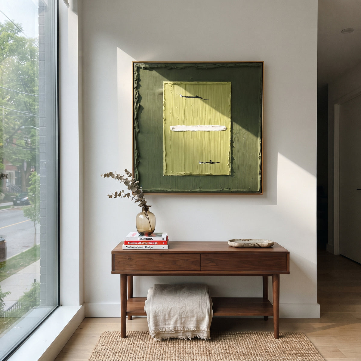 Lime Court Geometry - tennis court painting shown in modern room setting 3