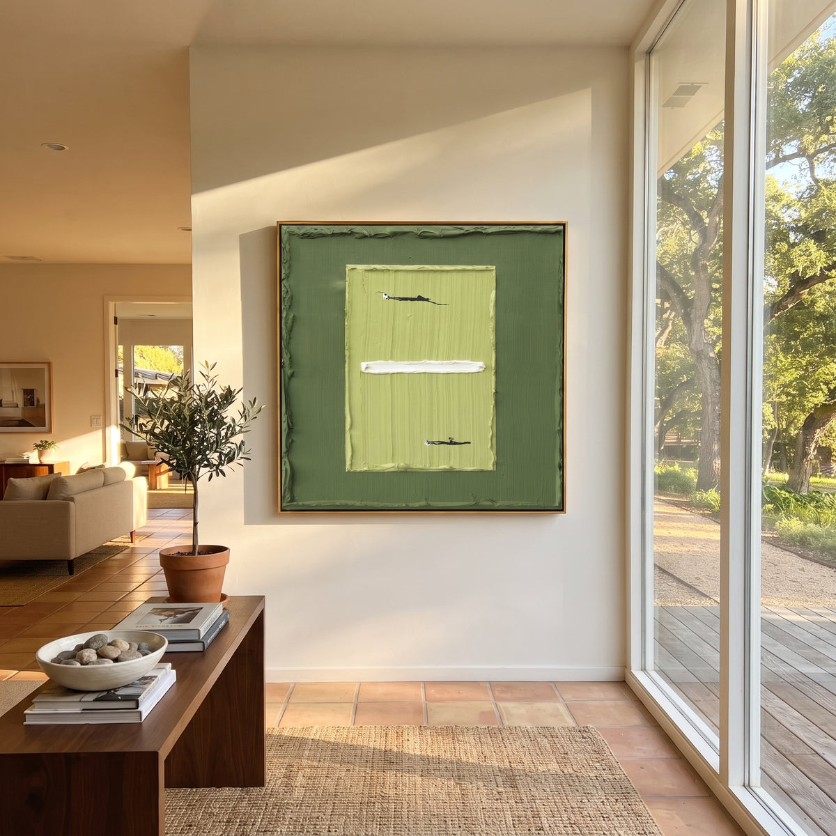 Lime Court Geometry - tennis court painting shown in modern room setting 5