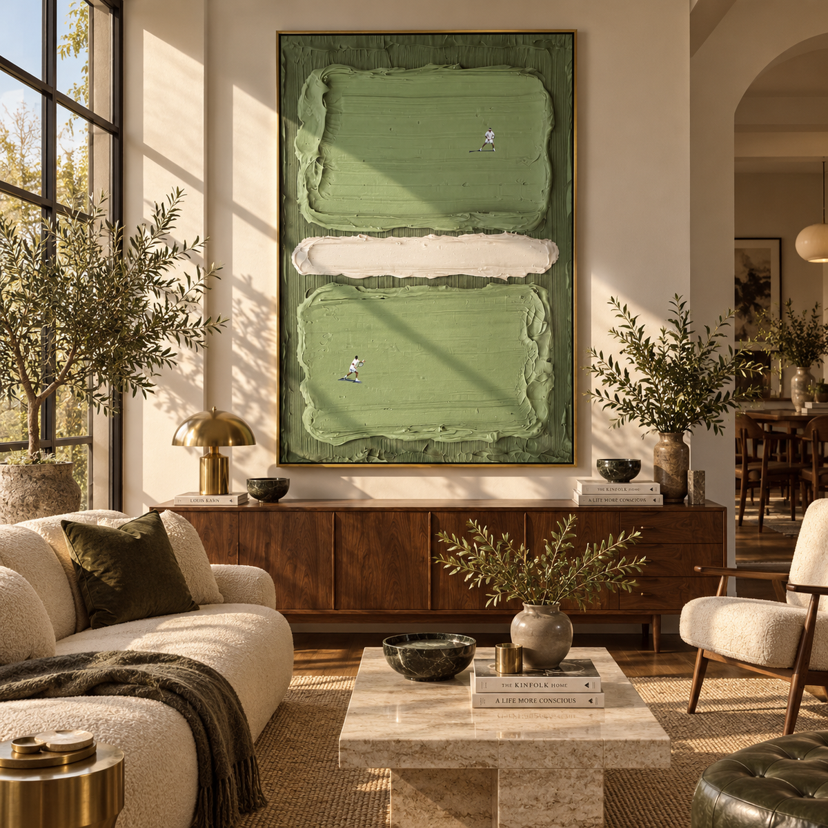 Twin Courts in Sage - tennis court painting displayed in a styled interior