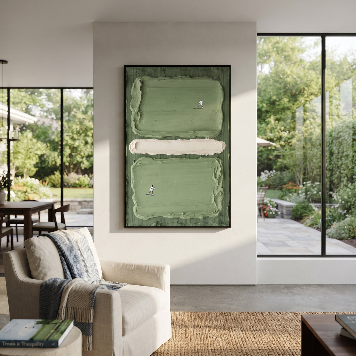 Twin Courts in Sage - tennis court painting shown in modern room setting 2