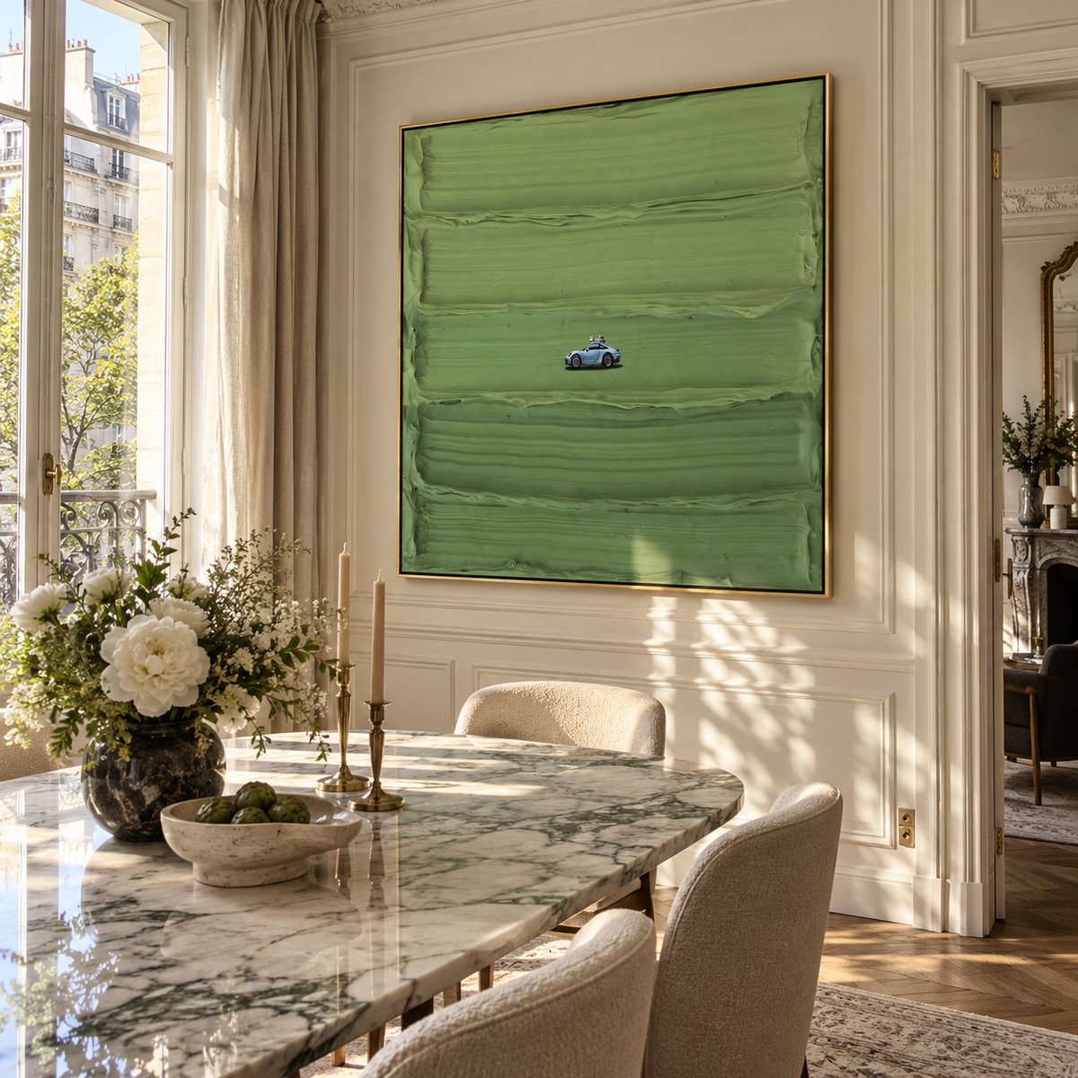 Blue Car on Green - minimal car landscape painting displayed in a styled interior