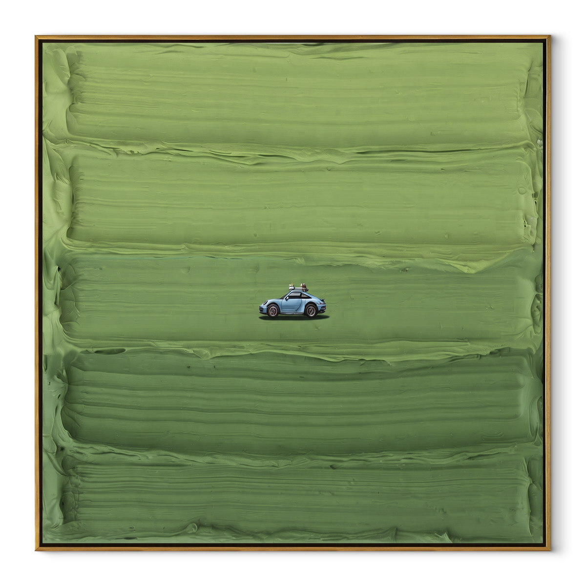 Blue Car on Green - minimal car landscape painting in a wood frame on white
