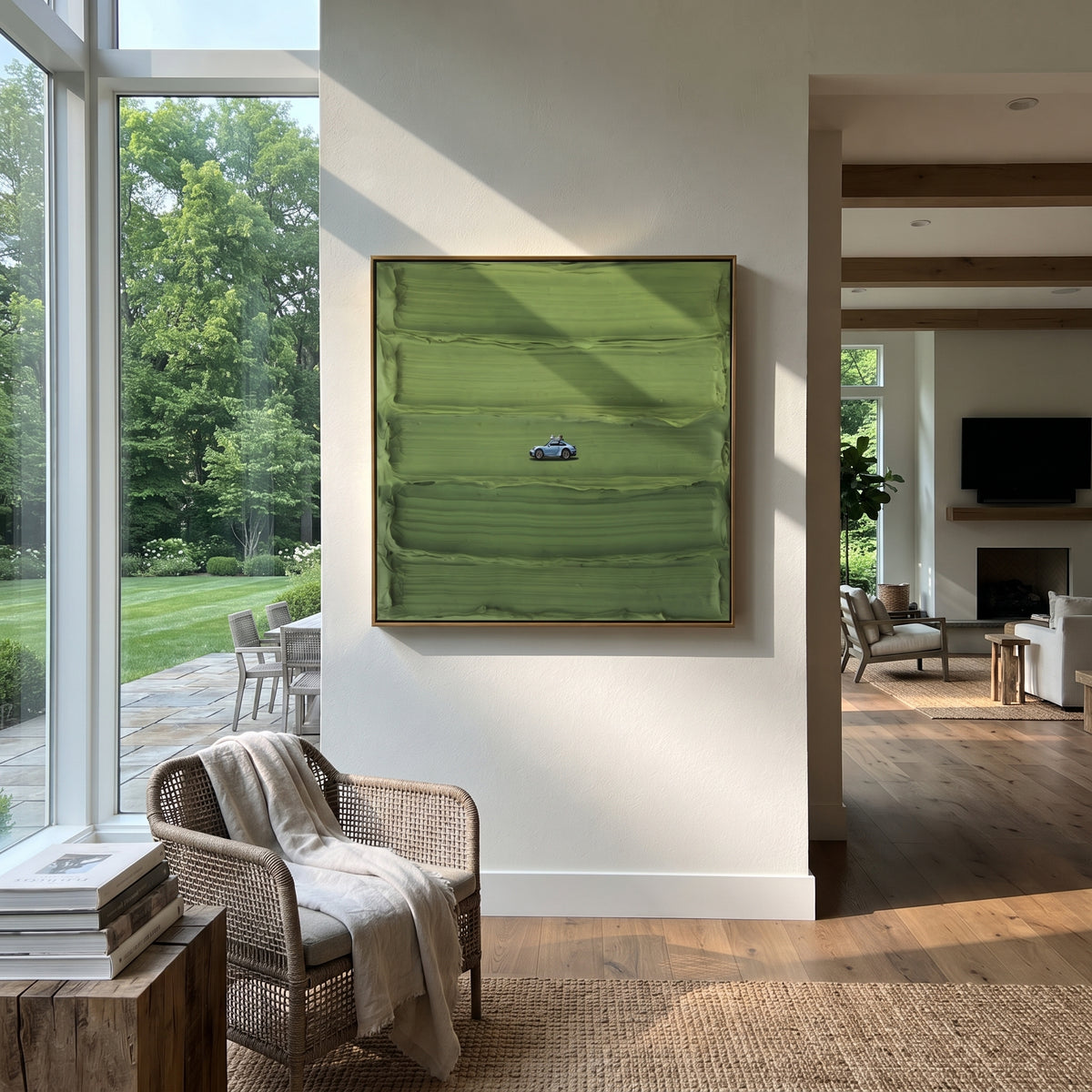Blue Car on Green - minimal car landscape painting shown in modern room setting 3