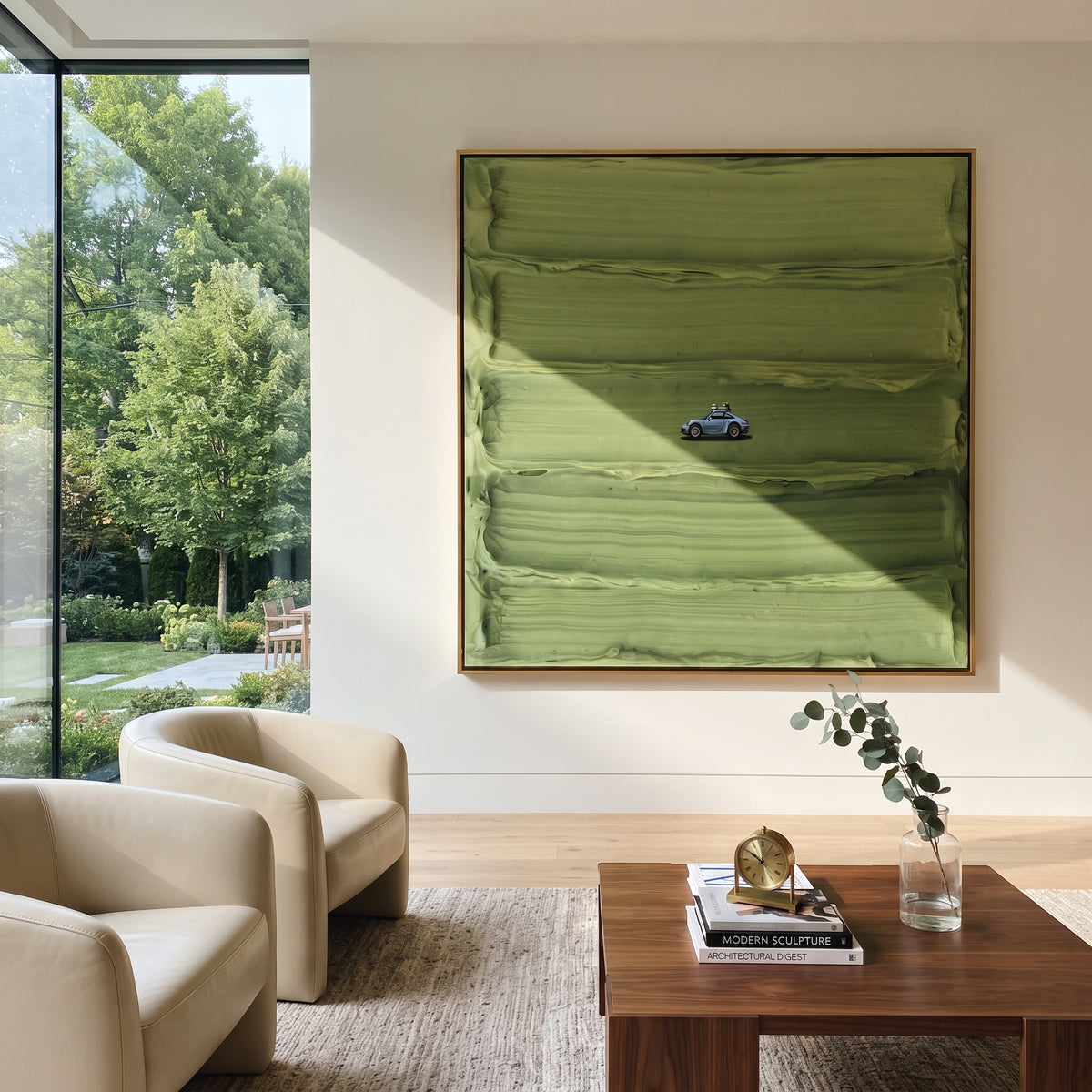 Blue Car on Green - minimal car landscape painting shown in modern room setting 5