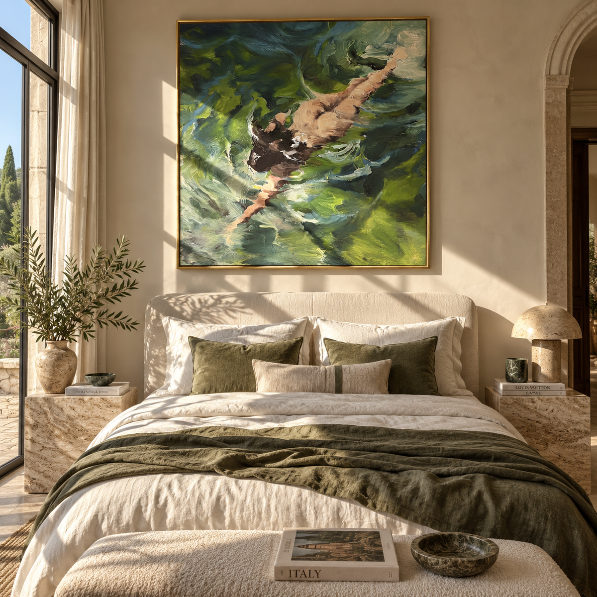 Green Water Glide - swimmer painting displayed in a styled interior
