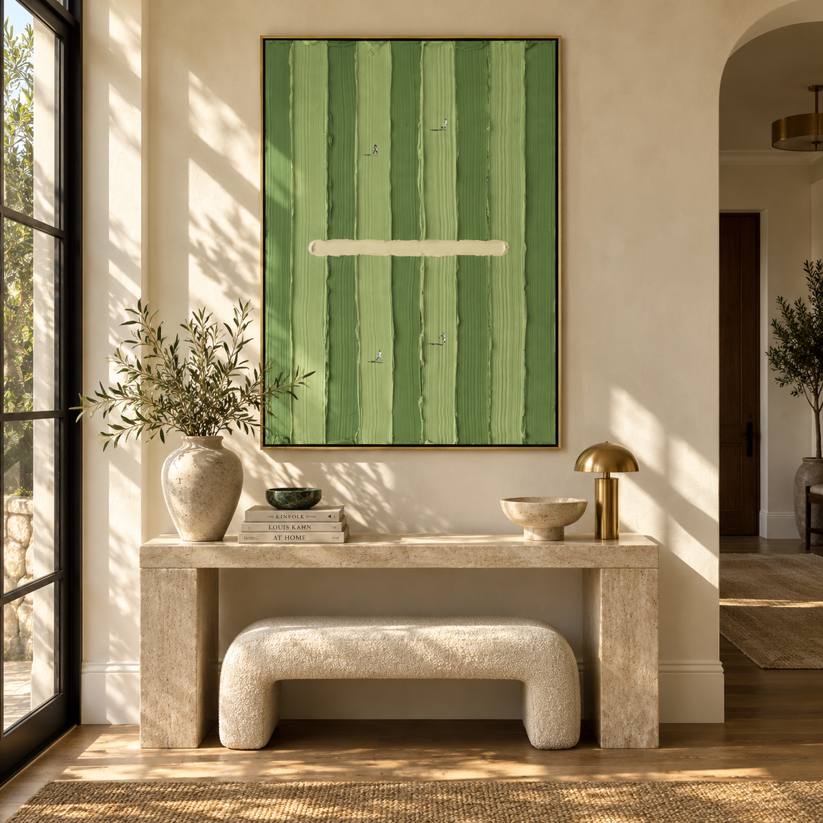 Lines Across the Lawn - minimal golf course painting displayed in a styled interior