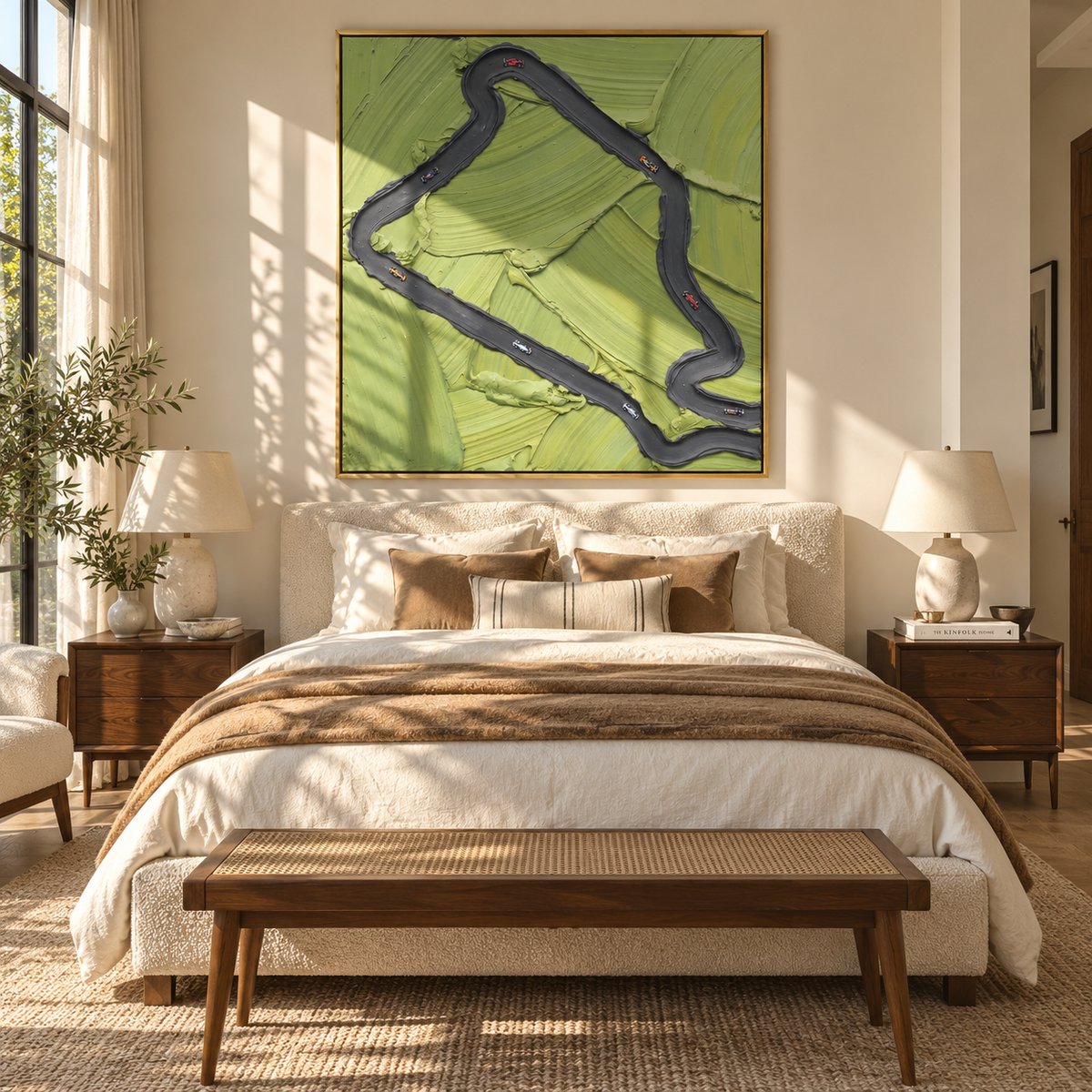 Loop Through Green - abstract path painting displayed in a styled interior