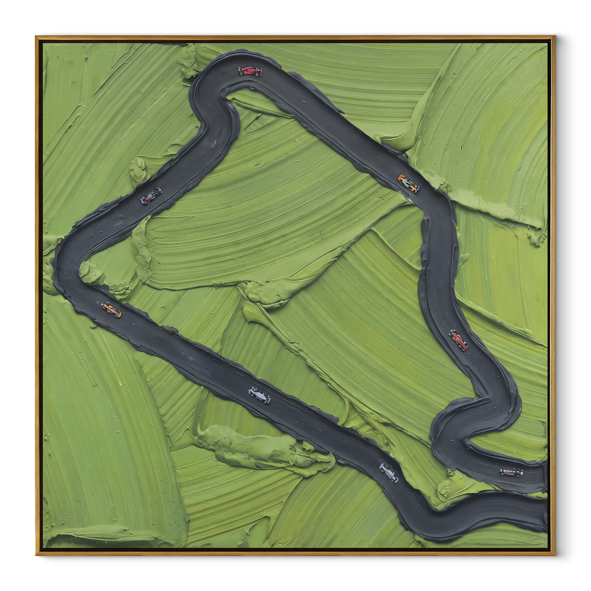Loop Through Green - abstract path painting in a wood frame on white