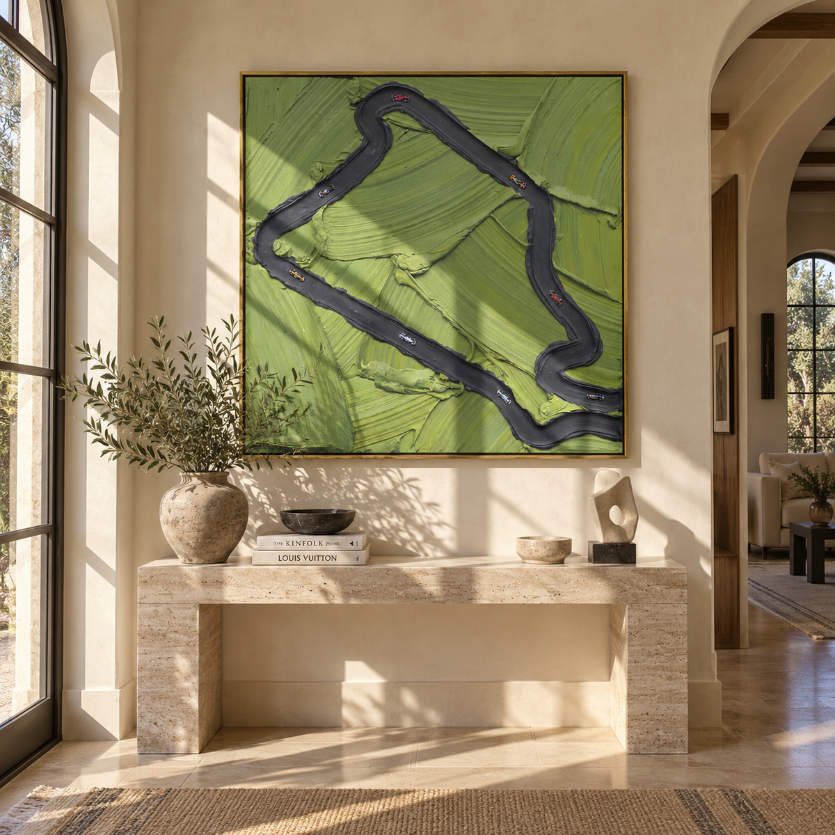 Loop Through Green - abstract path painting shown in modern room setting 2