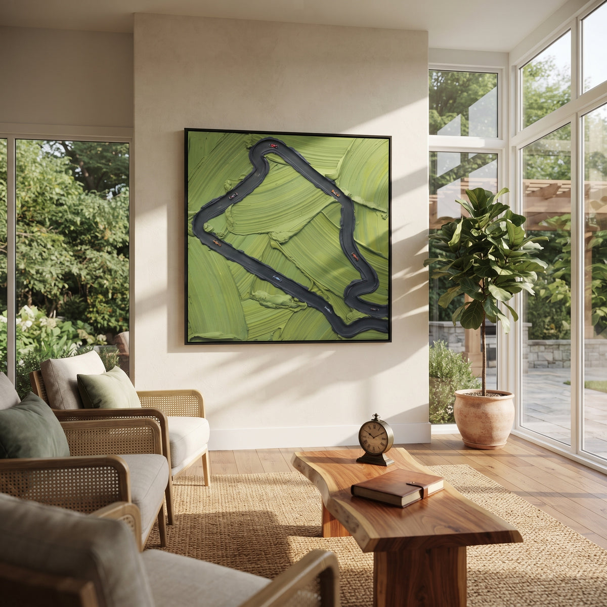 Loop Through Green - abstract path painting shown in modern room setting 3