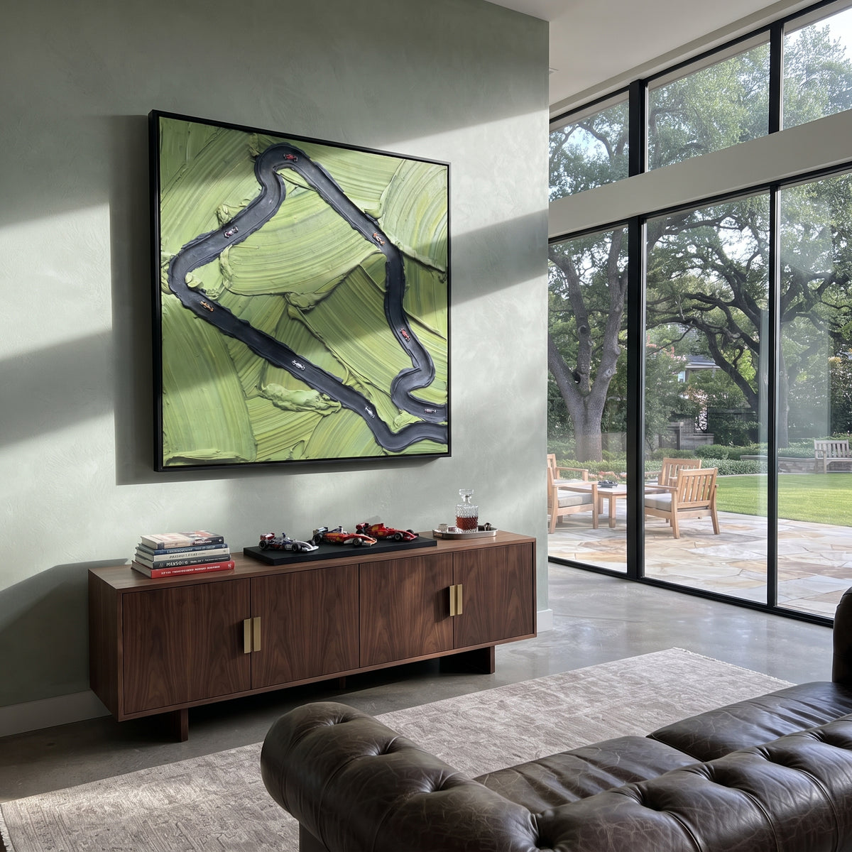 Loop Through Green - abstract path painting shown in modern room setting 4