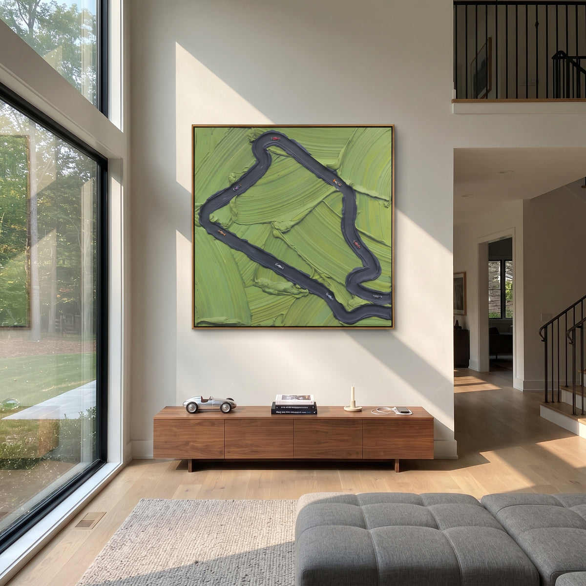 Loop Through Green - abstract path painting shown in modern room setting 5