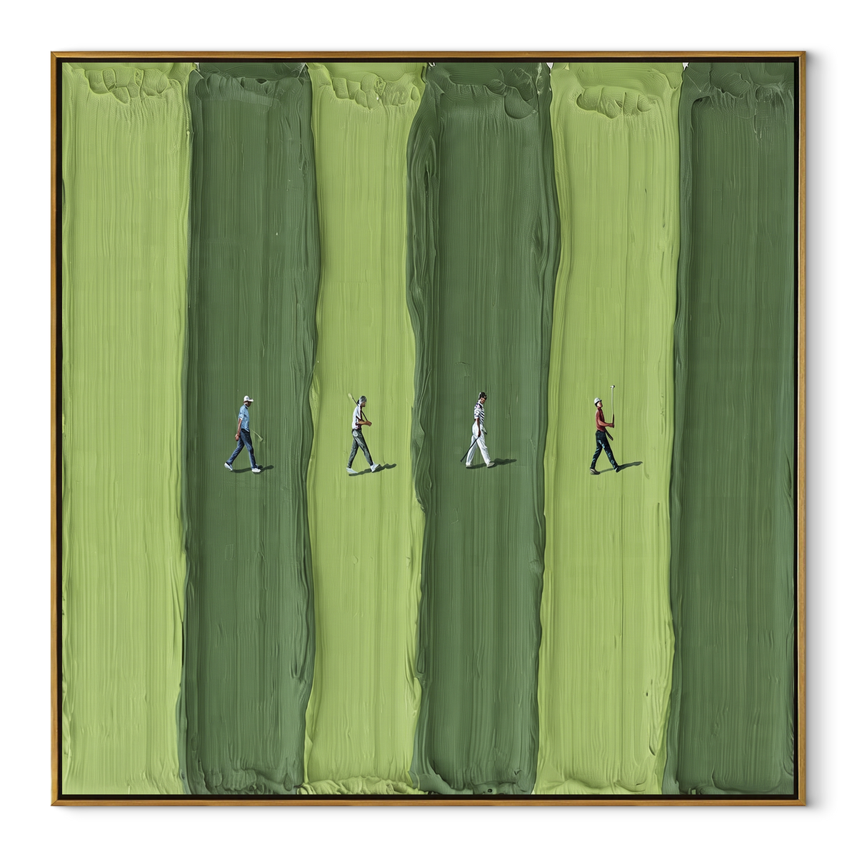 Walkers Between Stripes - walking figures painting in a wood frame on white