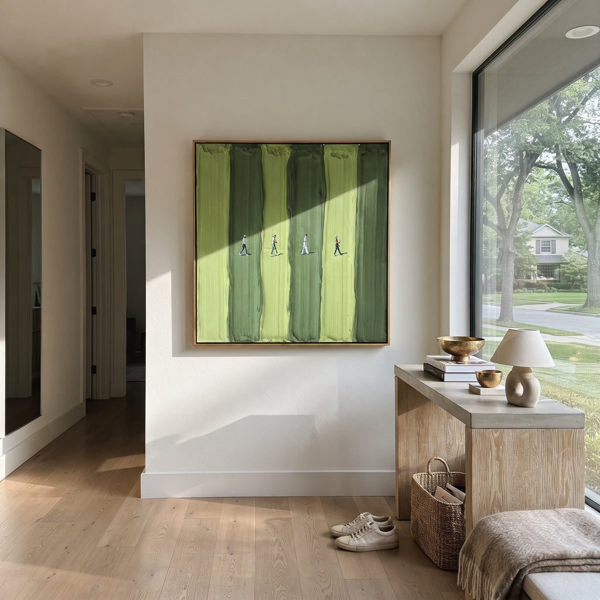 Walkers Between Stripes - walking figures painting shown in modern room setting 3