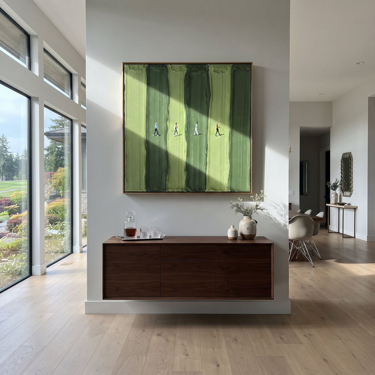 Walkers Between Stripes - walking figures painting shown in modern room setting 4