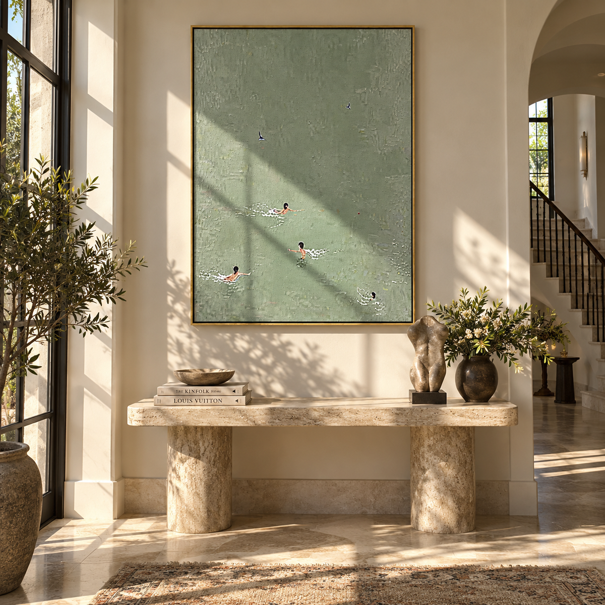 Three in Pale Water - aerial swimmers painting displayed in a styled interior