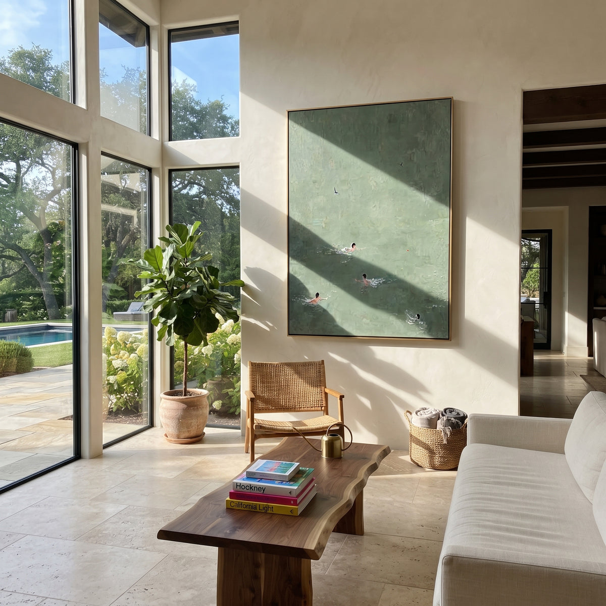 Three in Pale Water - aerial swimmers painting shown in modern room setting 2