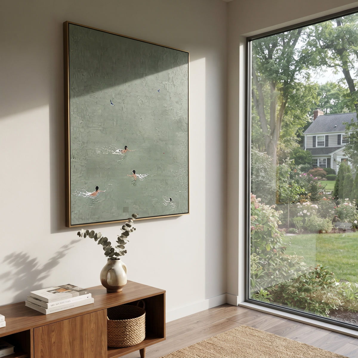 Three in Pale Water - aerial swimmers painting shown in modern room setting 3