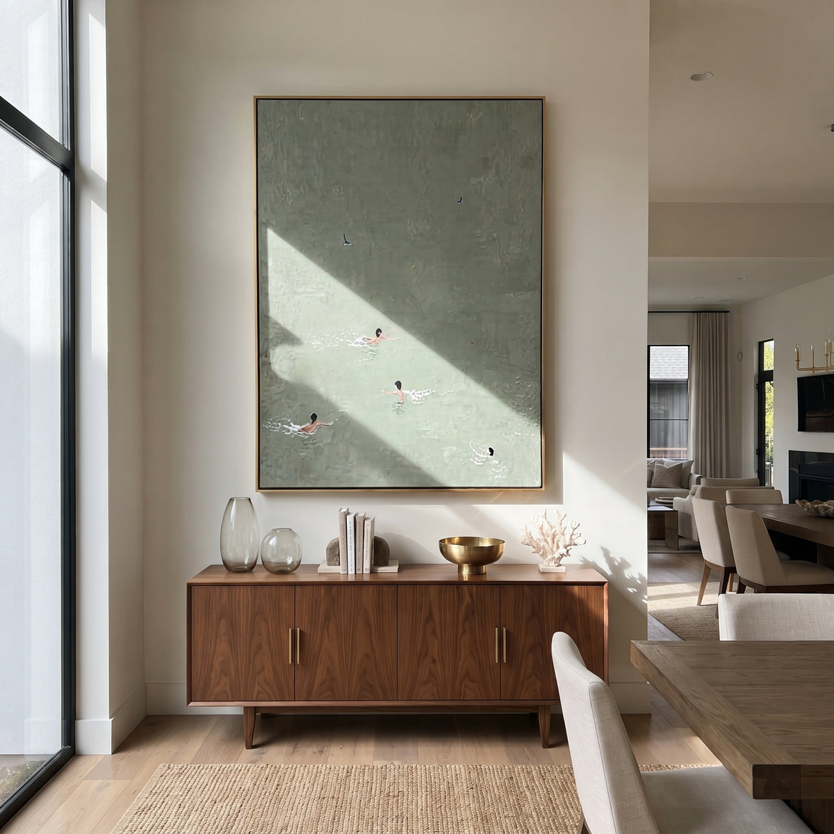 Three in Pale Water - aerial swimmers painting shown in modern room setting 5