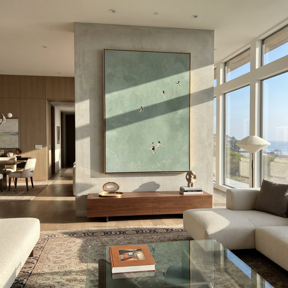 Deep Green Distance - aerial swimmers painting displayed in a styled interior