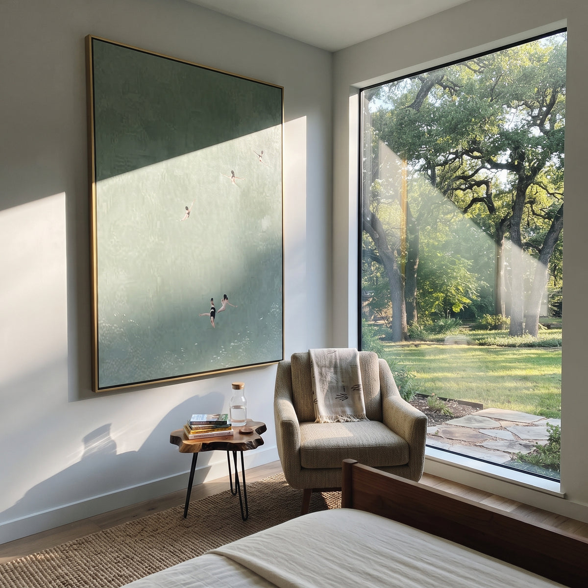 Deep Green Distance - aerial swimmers painting shown in modern room setting 4