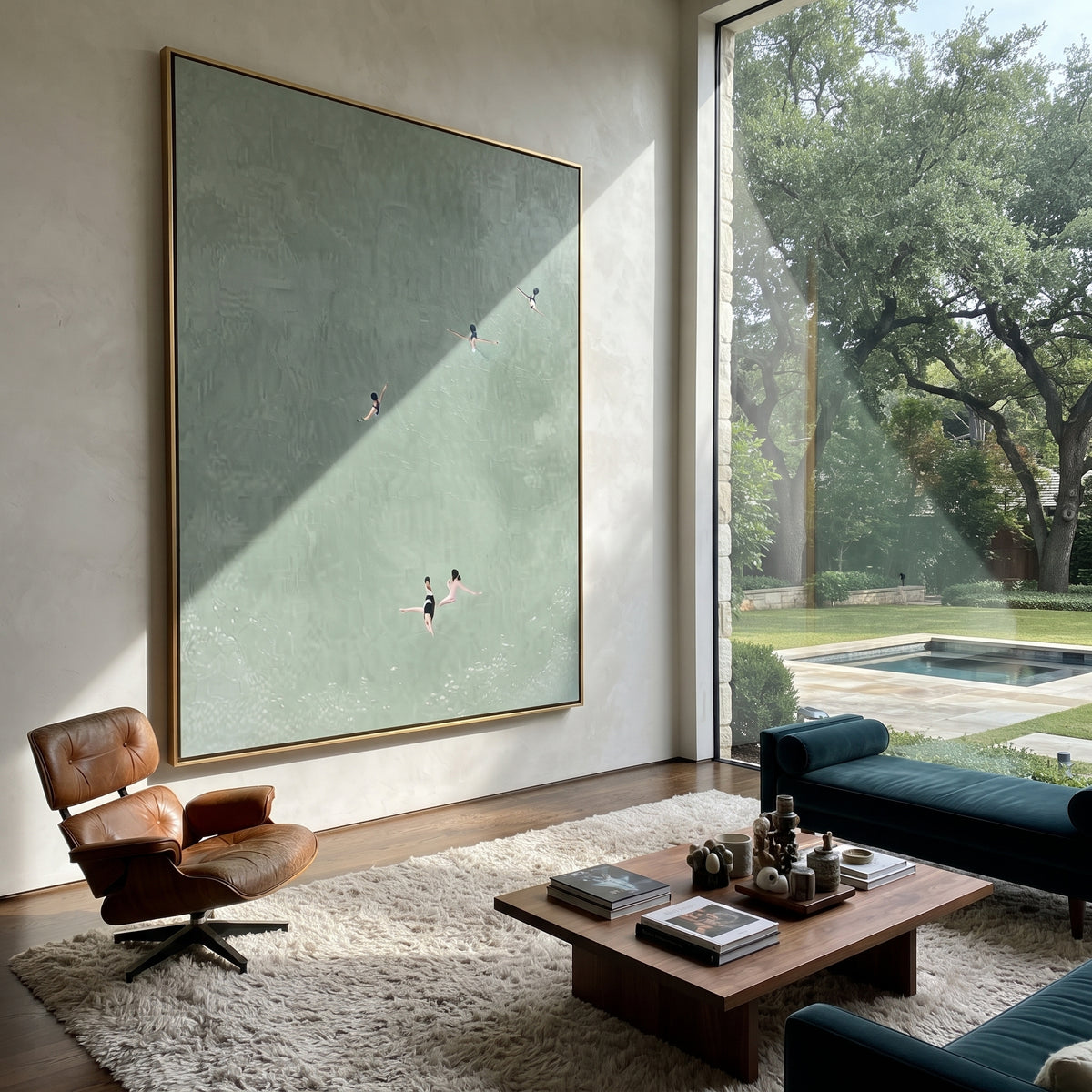 Deep Green Distance - aerial swimmers painting shown in modern room setting 5