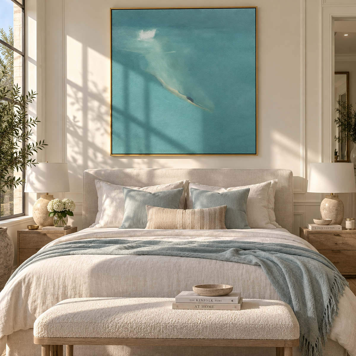 Diving into Teal - swimmer painting displayed in a styled interior