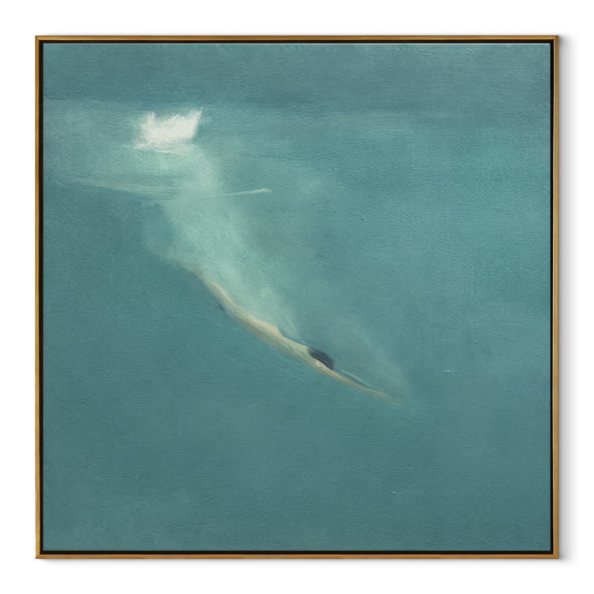 Diving into Teal - swimmer painting in a wood frame on white