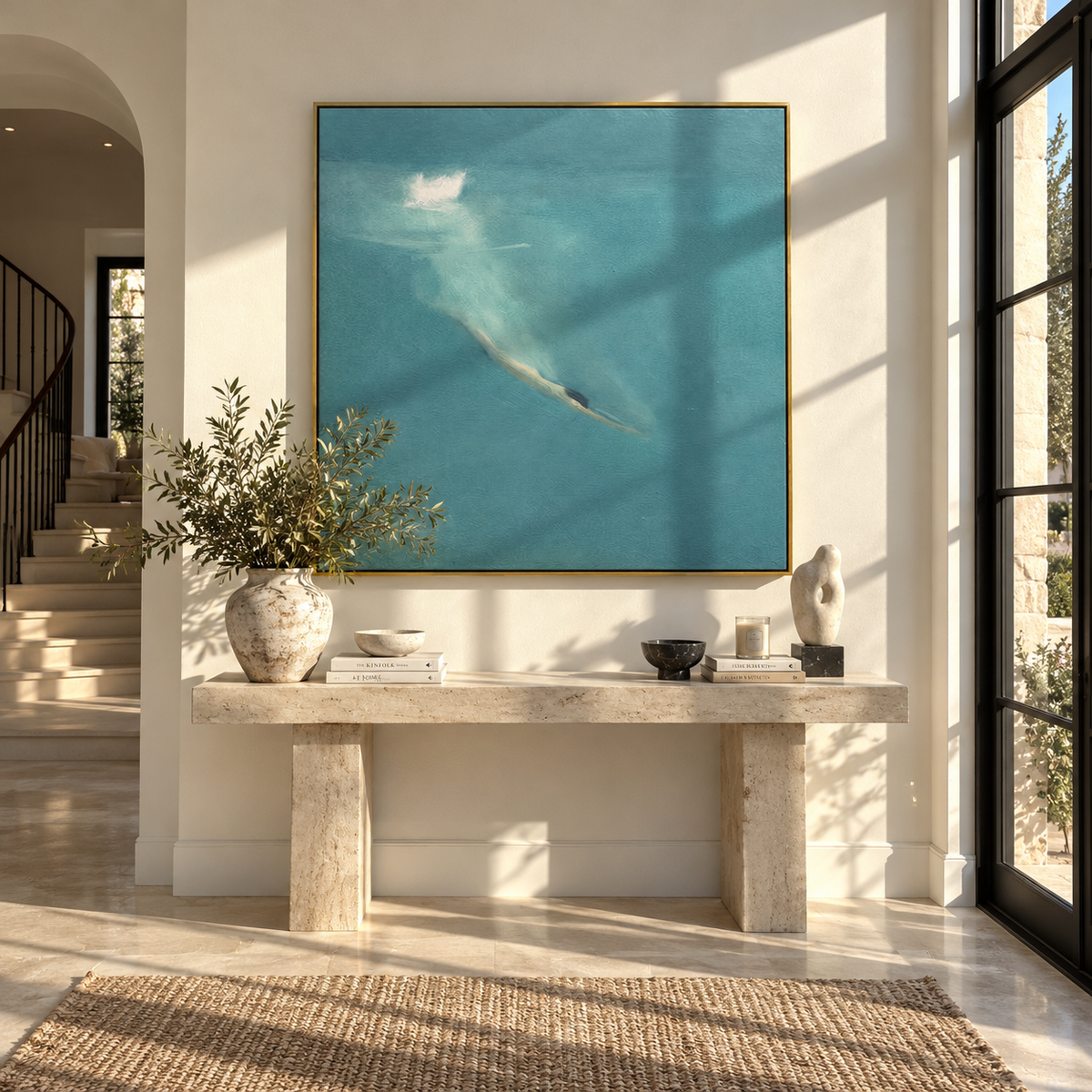 Diving into Teal - swimmer painting shown in modern room setting 2