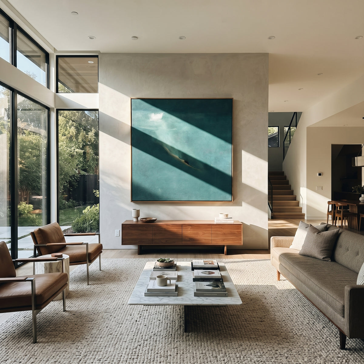 Diving into Teal - swimmer painting shown in modern room setting 4