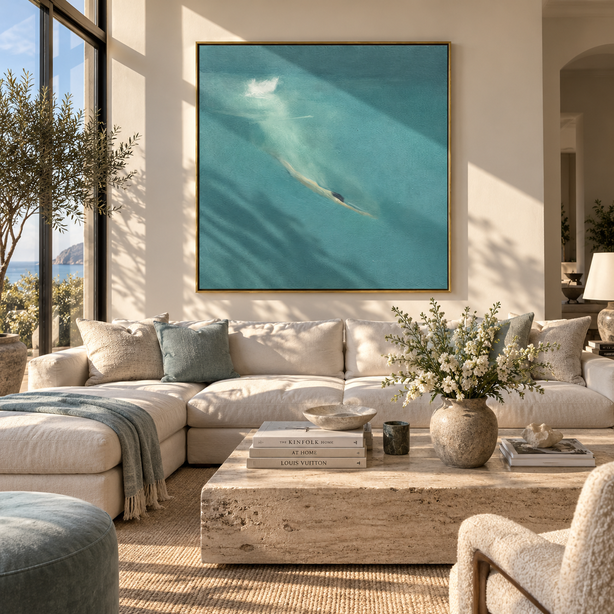 Diving into Teal - swimmer painting shown in modern room setting 5