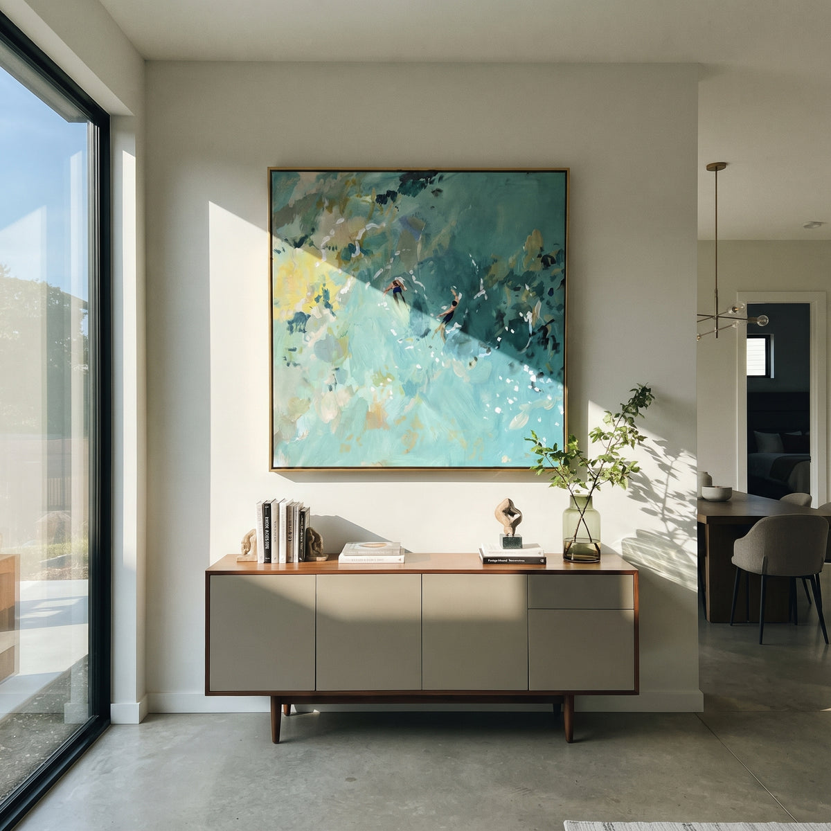 Confetti in the Pool - aerial swimmers painting displayed in a styled interior