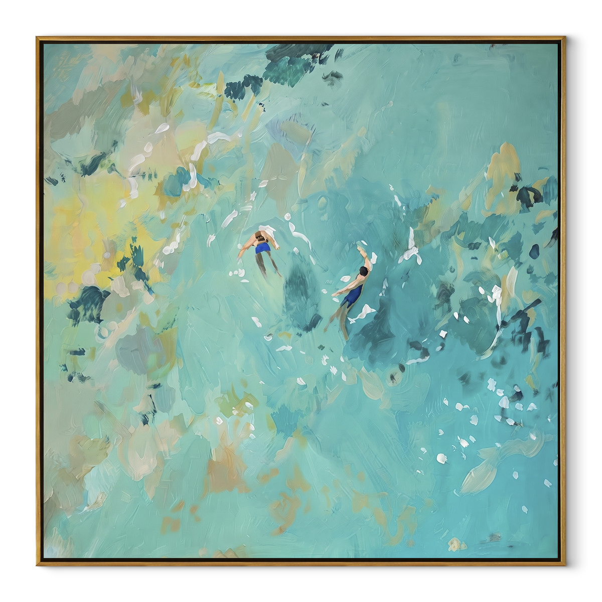 Confetti in the Pool - aerial swimmers painting in a wood frame on white
