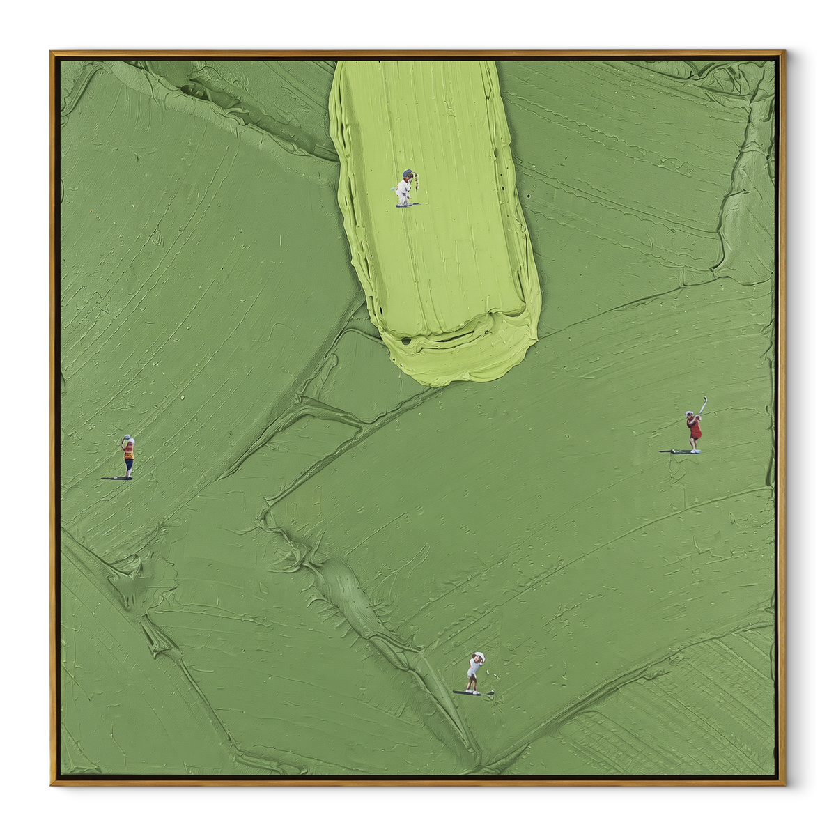 Small Paths Green Fields - aerial landscape painting in a wood frame on white