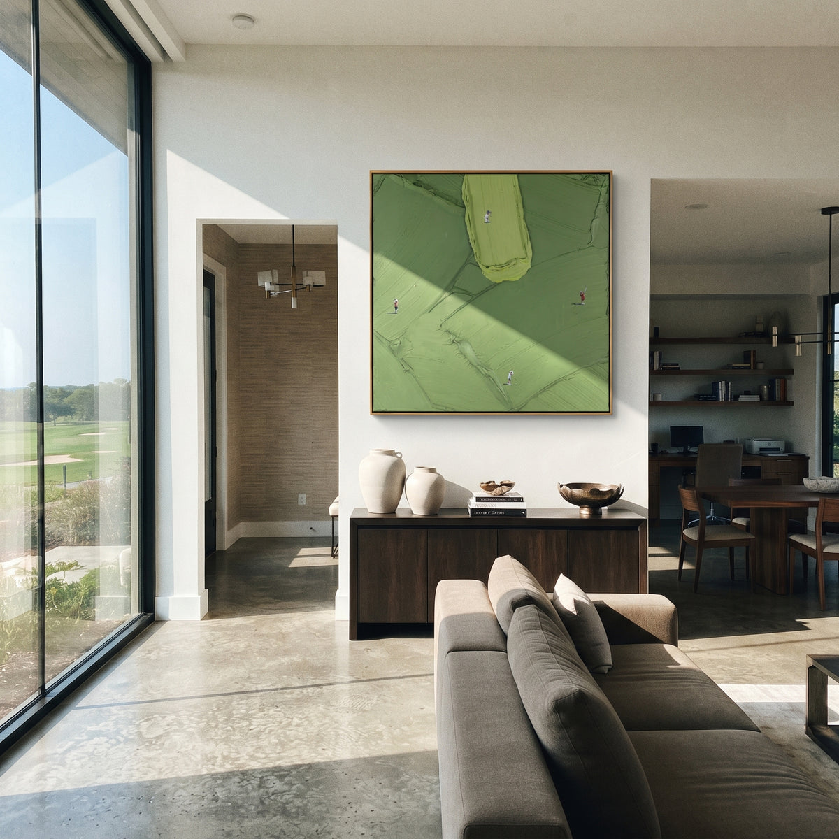 Small Paths Green Fields - aerial landscape painting shown in modern room setting 4