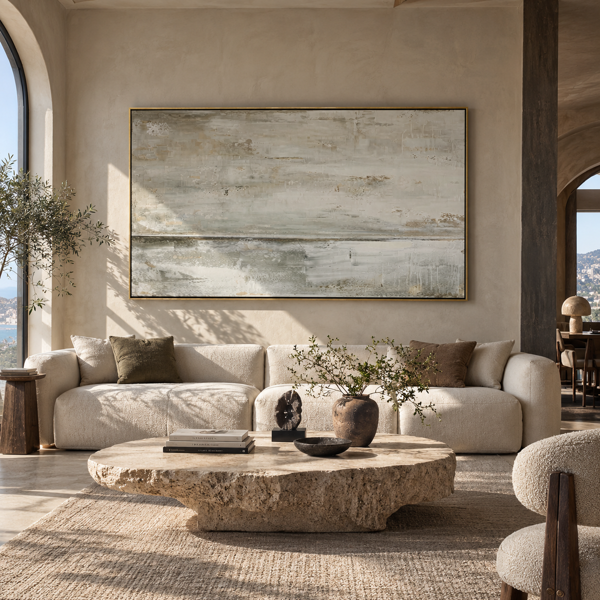 Winter Shoreline - neutral abstract landscape painting displayed in a styled interior
