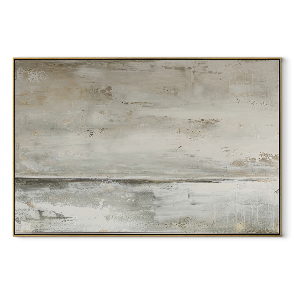 Winter Shoreline - neutral abstract landscape painting in a wood frame on white