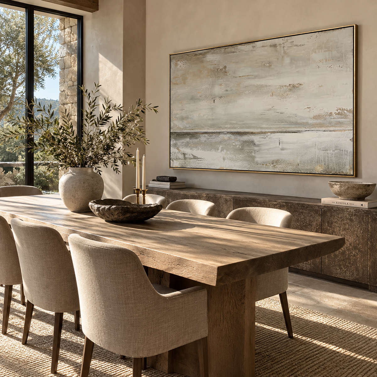 Winter Shoreline - neutral abstract landscape painting shown in modern room setting 2