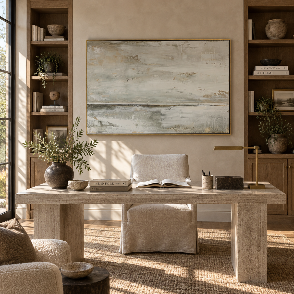 Winter Shoreline - neutral abstract landscape painting shown in modern room setting 3