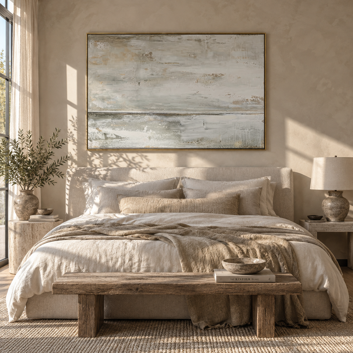Winter Shoreline - neutral abstract landscape painting shown in modern room setting 4