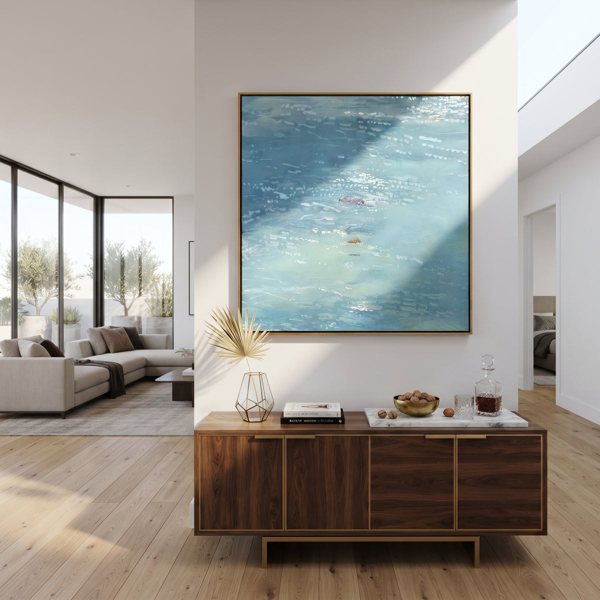 Sunlit Blue Surface - pool water painting displayed in a styled interior