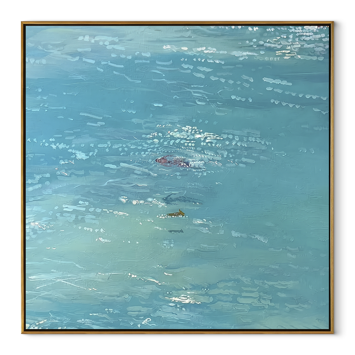 Sunlit Blue Surface - pool water painting in a wood frame on white
