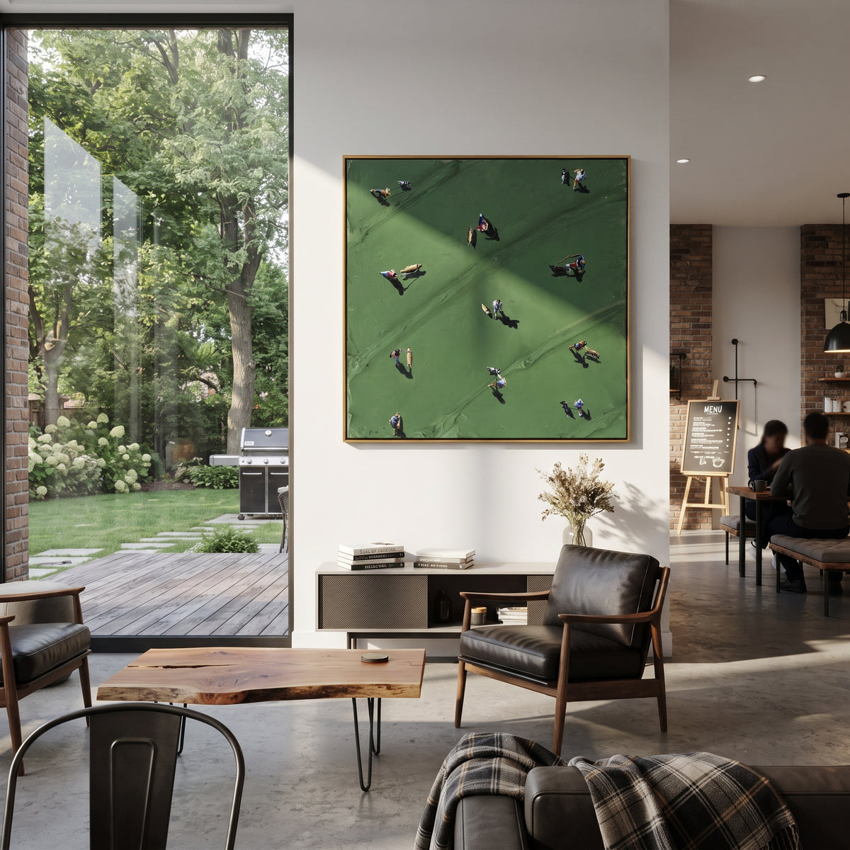 Gathering on the Green - aerial figures painting shown in modern room setting 4